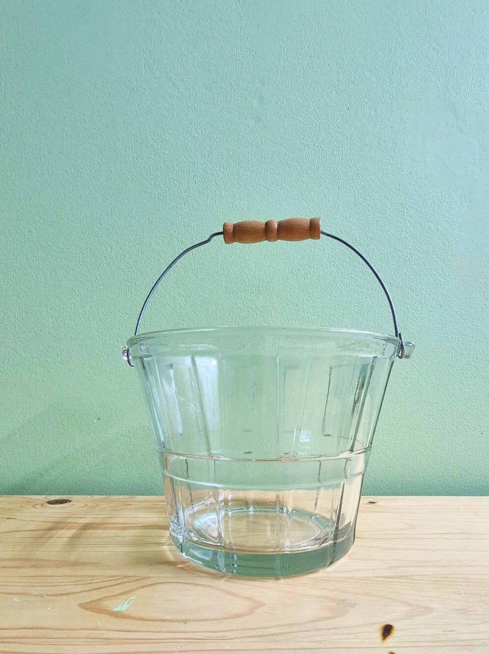 Vintage Anchor Hocking Clear Glass Bushel Basket Ice Bucket with Wood Handle